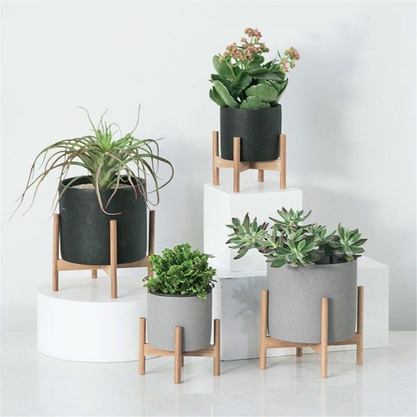 Geometric Wood Rack Holder with Cement Planter Garden Succulents
